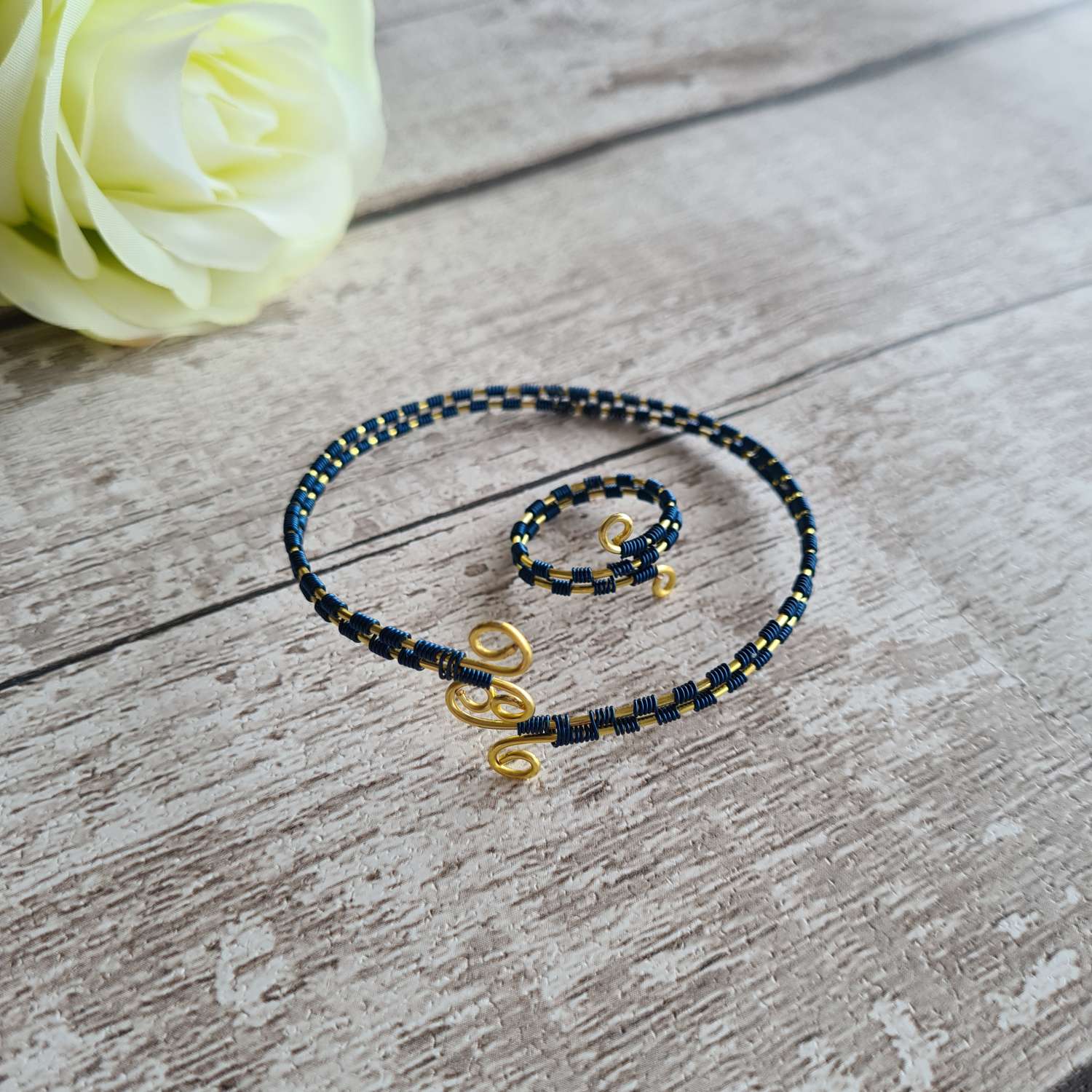 Blue and gold wire wrapped bangle and ring Blue and gold wire wrapped bangle and ring