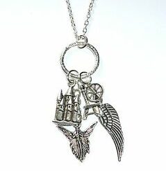 SLEEPING BEAUTY -necklace with spinning wheel, fairytale castle & fairygodmother