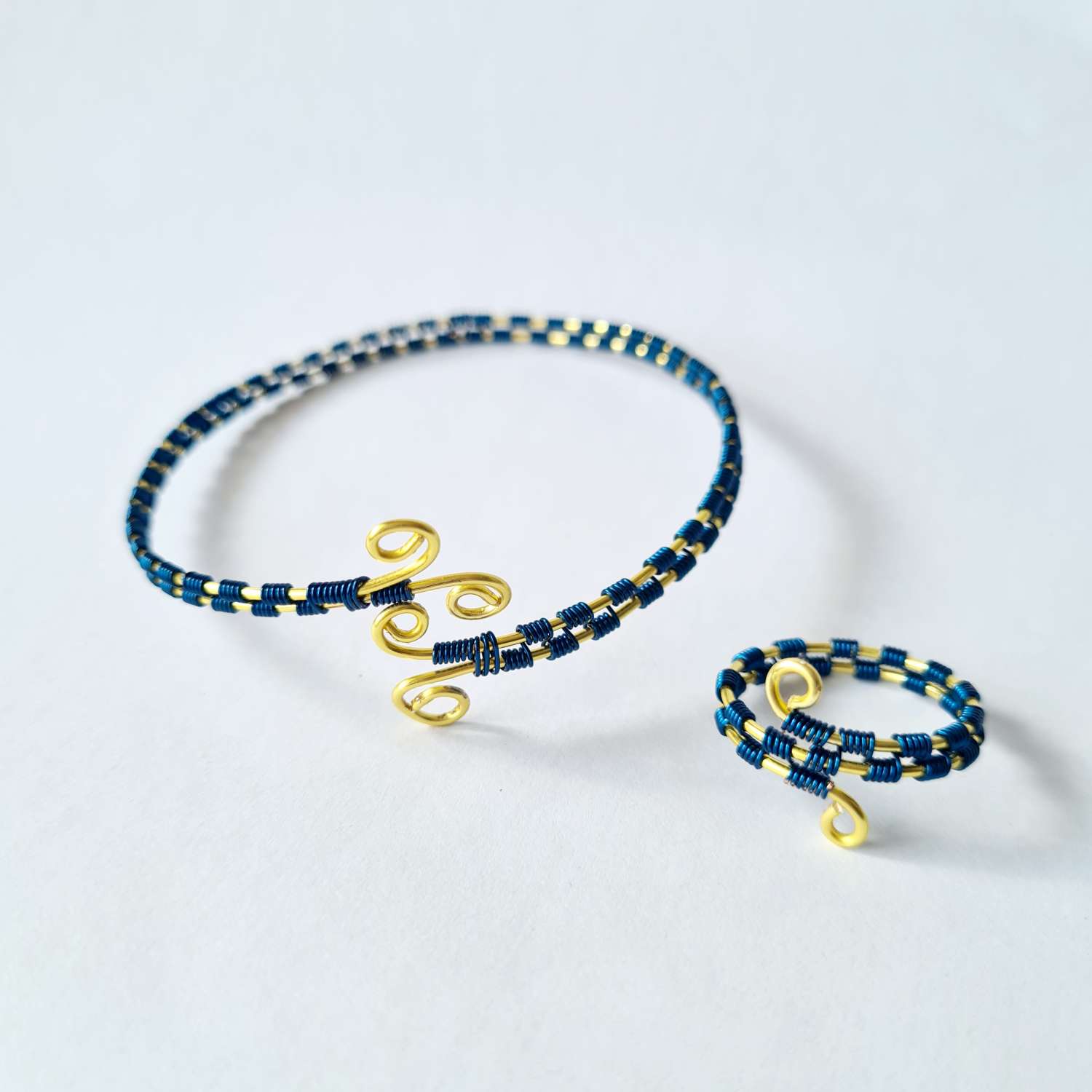 Blue and gold wire wrapped bangle and ring Blue and gold wire wrapped bangle and ring