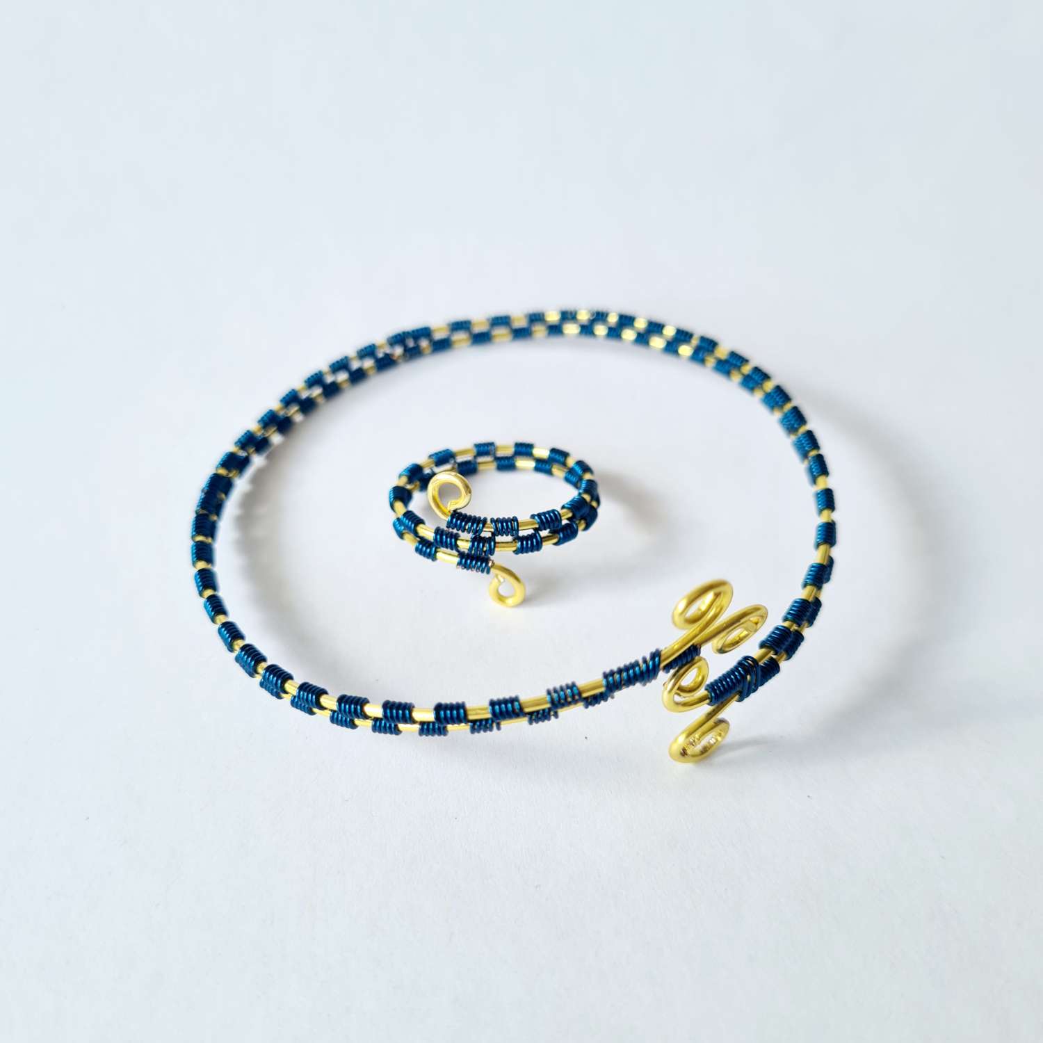 Blue and gold wire wrapped bangle and ring Blue and gold wire wrapped bangle and ring