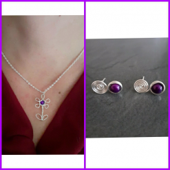 Purple Flower Necklace and Stud Earrings Set