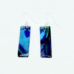 Swirly polymer clay long drop earrings in peacock blue colours