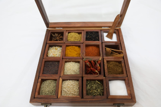 Wooden Handcrafted Spice Box/ Masala Dabba with 16 Square
