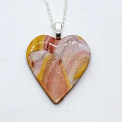 polymer clay heart pendant in gold, silver, copper and Pearl white