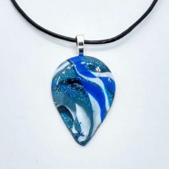 Blue waves. Swirly blue teardrop pendant in blue, silver and white 2