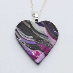 Swirly heart pendant in pink, purple, silver and black