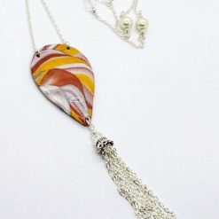 Handmade long danglynteardrop necklace in Pearl, silver, gold and copper with beads