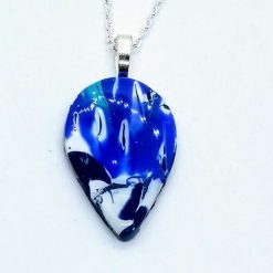 Swirly blue teardrop pendant in blue, silver and white