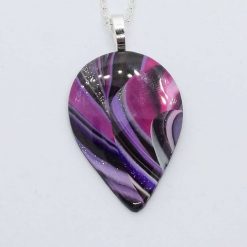 Swirly teardrop pendant in pink, purple, silver and black