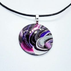 Swirly round pendant in pink, purple, silver and black