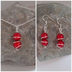 Wire Wrapped Red Pendant Necklace and Earrings Set