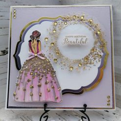 Luxury Handmade 'Happy Birthday Beautiful' Lilac, White, Gold - Girl in pink & Gold dress