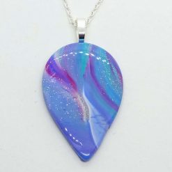 Swirly teardrop pendant in teal, sky blue and pink 1 Swirly teardrop pendant in teal, sky blue and pink 1