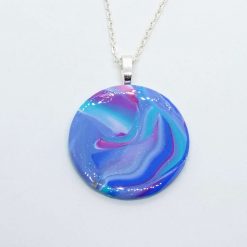 Swirly round pendant in sky blue, teal and pink