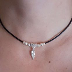 Black Leather Choker, Silver Leaf Choker