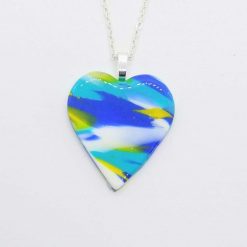Swirly heart pendant in bright turquoise, sky blue, yellow and white