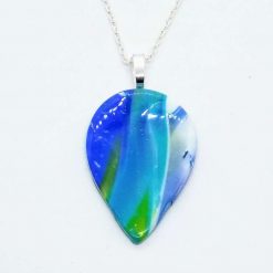 Swirly teardrop pendant in turquoise, sky blue, white and yellow