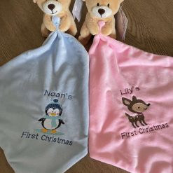 Personalised Embroidered Baby 1st Christmas Comforter Bear