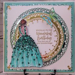 Luxury Handmade Wonderful Birthday Card - Aqua & Gold with girl in Sparkly Dress