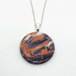handmade polymer clay round pendant in purple, orange and white 3 handmade polymer clay round pendant in purple, orange and white 3