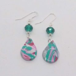 Handmade drop earrings in pink, green, white and silver