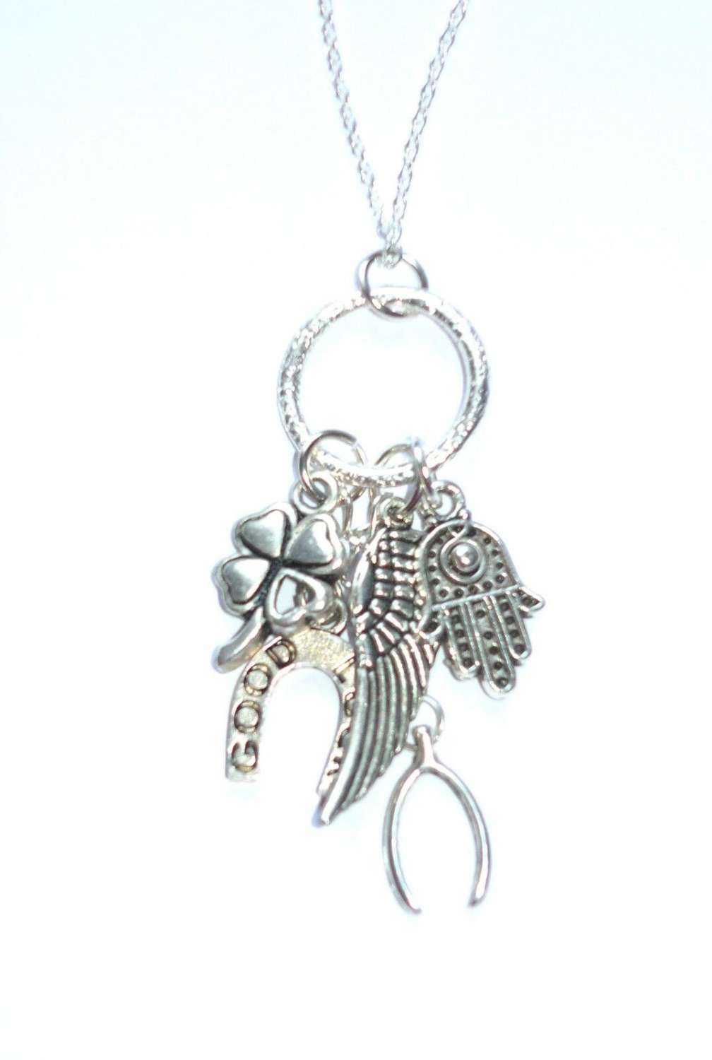 GOOD LUCK & BEST WISHES - 18" necklace with hamsa hand, 4leaf clover & wishbone GOOD LUCK & BEST WISHES - 18" necklace with hamsa hand, 4leaf clover & wishbone