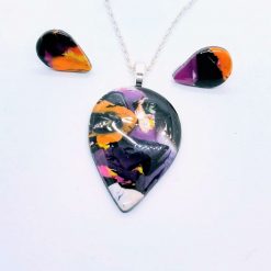 Teardrop pendant and earring set in black, pink, orange and yellow