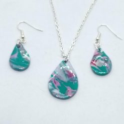 Swirly blue teardrop necklace set in pink, green, white and silver