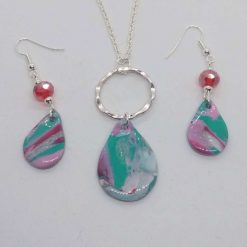 Handmade necklace and drop earrings in pink, green, white and silver 3 Handmade necklace and drop earrings in pink, green, white and silver 3