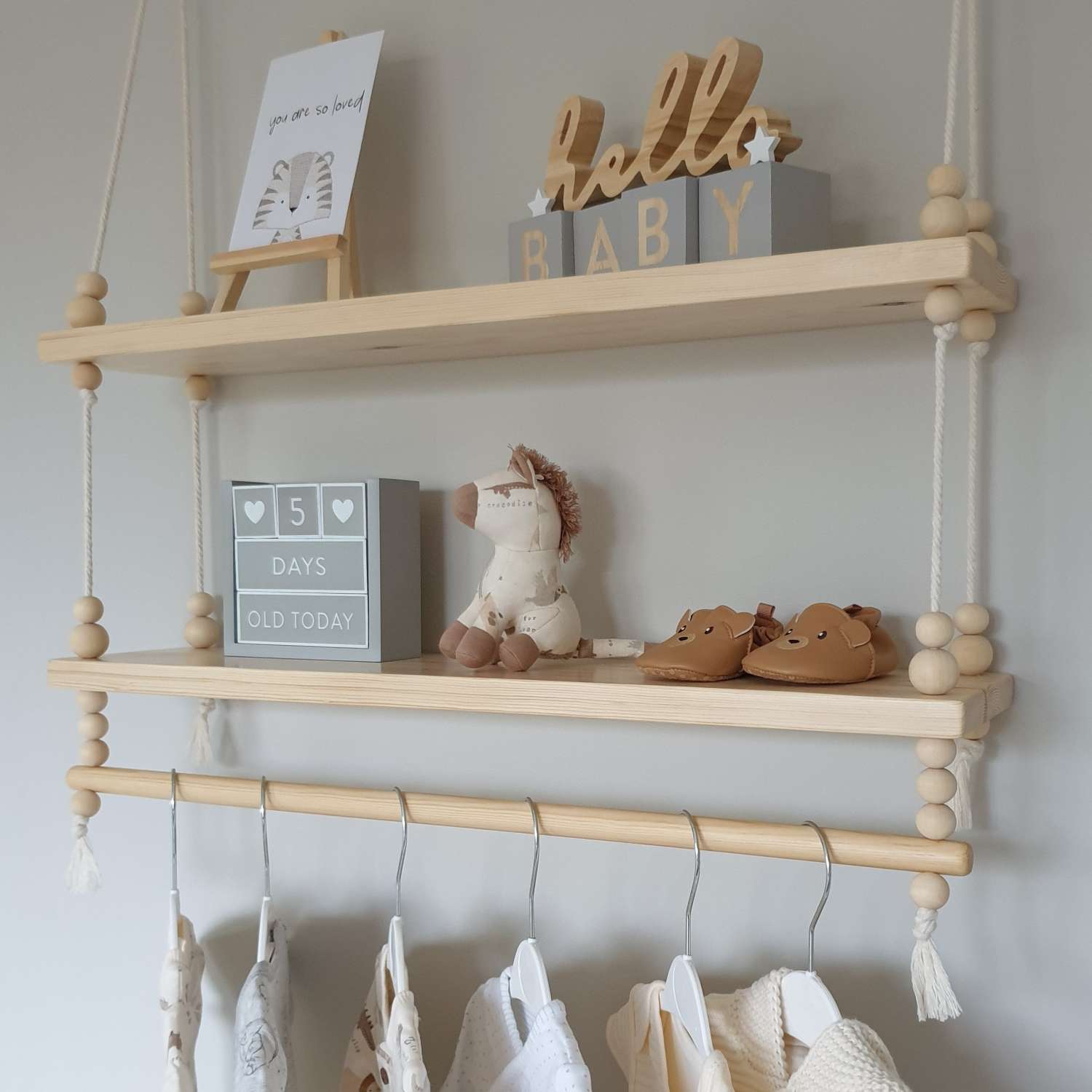8. NEW Nursery Shelf with Clothes Rail, Two Tier Shelf with Clothes Rail, Two Tier Nursery Shelf, Double Shelf with Rail, Rope Shelf, Swing Shelf, Nordic Style Hanging Shelf, Wooden Shelf, Bedroom Shelf, Floating Shelf, Nursery Decor, Nursery Shelf with Hanging Rail, Pine Shelf 7