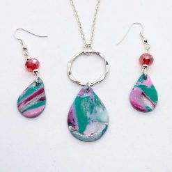 Handmade necklace and drop earrings in pink, green, white and silver