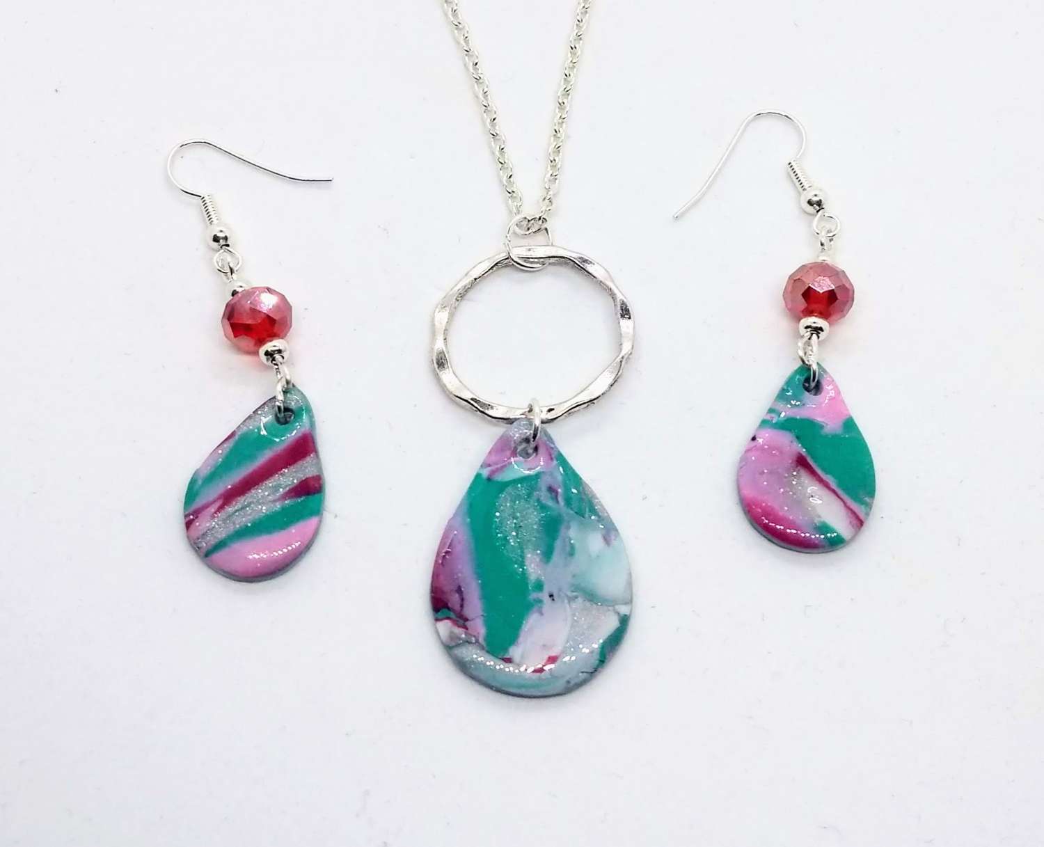 Handmade necklace and drop earrings in pink, green, white and silver Handmade necklace and drop earrings in pink, green, white and silver