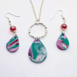 Handmade necklace and drop earrings in pink, green, white and silver 2 Handmade necklace and drop earrings in pink, green, white and silver 2