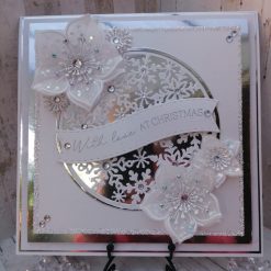 Luxury Handmade Christmas Card - White Silver Snowflake centre & White Christmas Roses - with love at Christmas