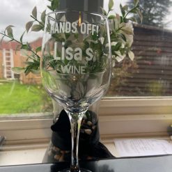 Etched Personalised 'Hands Off' Etched Glass Wine Glass birthday gift