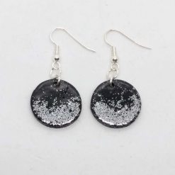 Handmade black polymer clay round earrings with silver  Sparkle