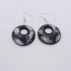 Black polymer clay donut hoop earrings with silver Sparkle