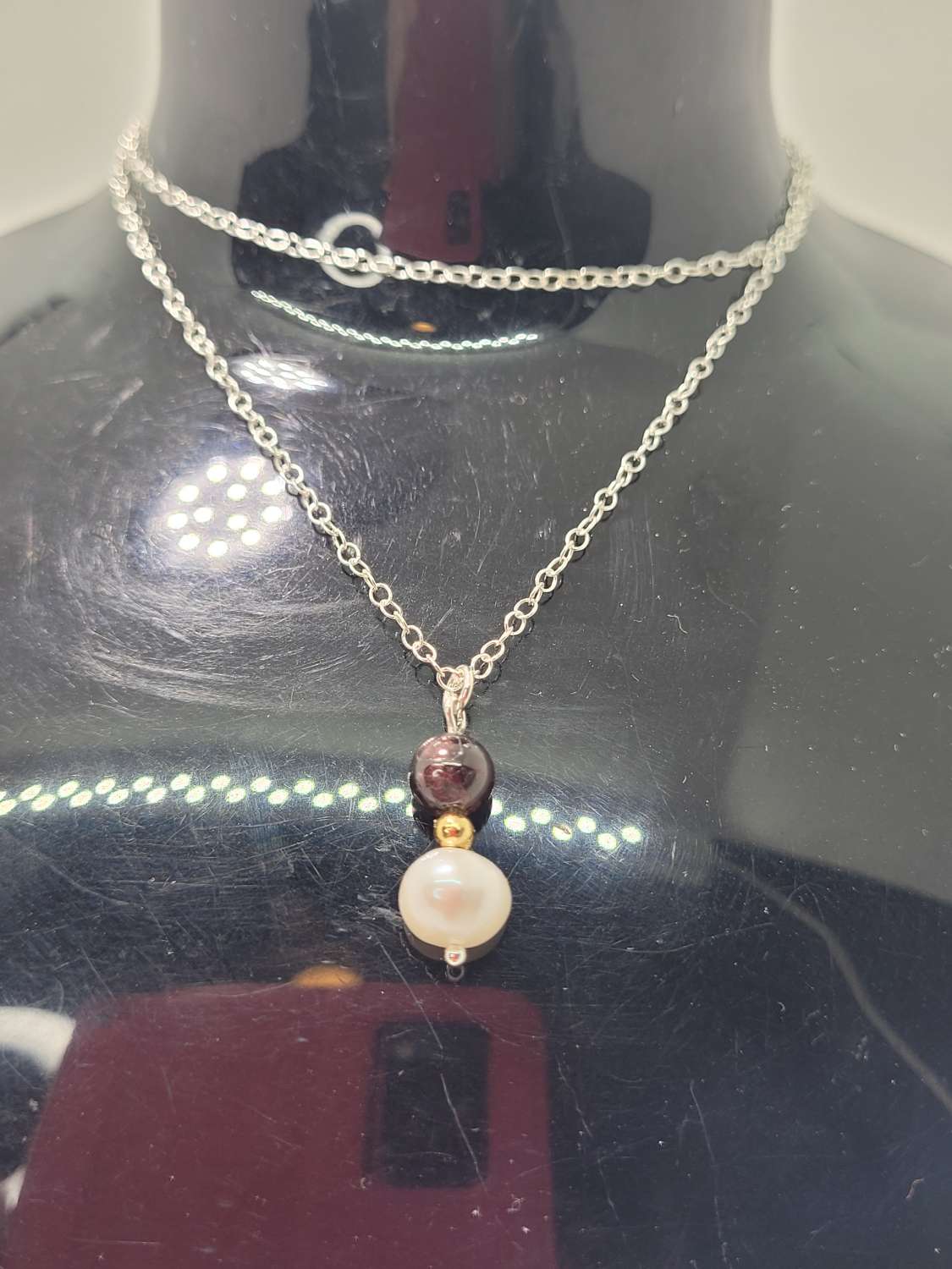 Freshwater cultured pearl and red garnet necklace and earrings Freshwater cultured pearl and red garnet necklace and earrings