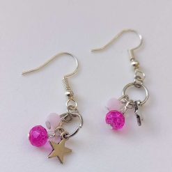Baby pink, Magenta Crystal Rondelle and Silver Charm Earrings