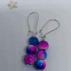 3 Cosmic Purple and Blue Marbled Glass Bead Dangle Earrings