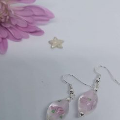 Lampwork Pink Flower Oval Glass Earrings