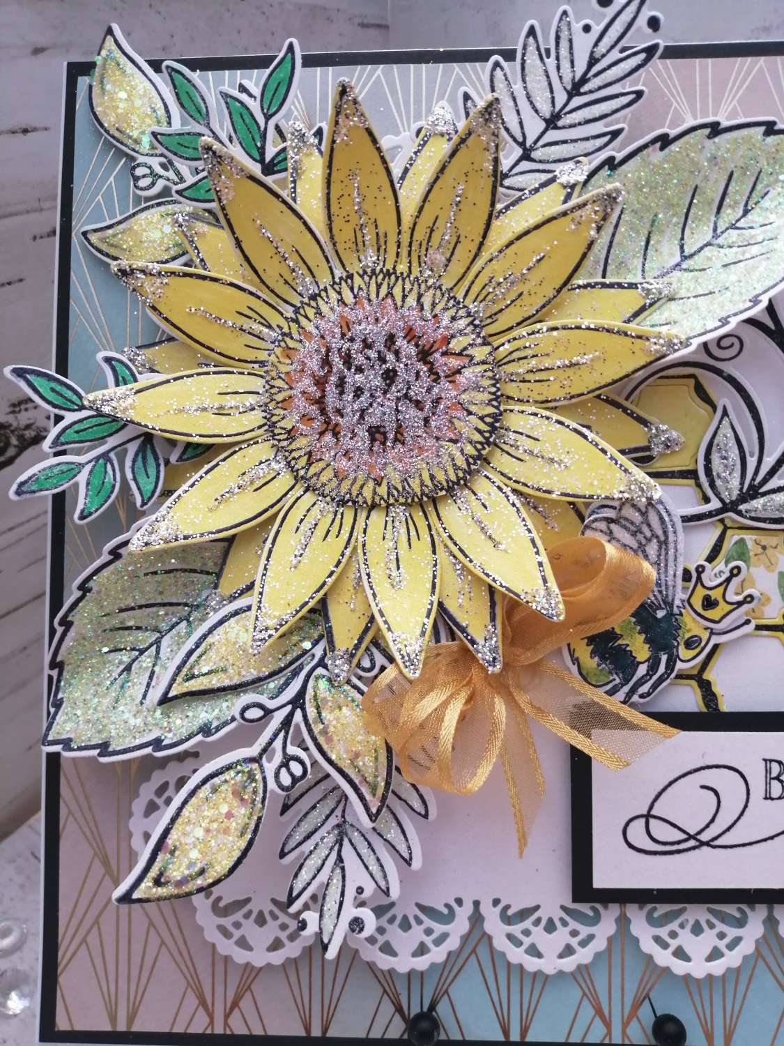 Luxury Handmade Birthday card - Birthday Queen Bee & large Sunflower Luxury Handmade Birthday card - Birthday Queen Bee & large Sunflower
