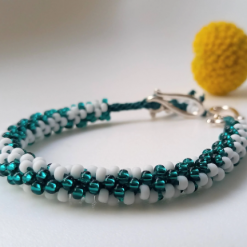 Gorgeous White and Emerald Green Beaded Kumihimo Bracelet