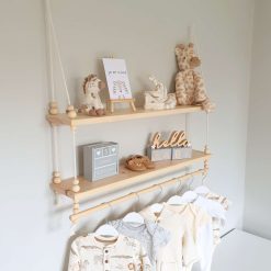 Nursery Shelf with Clothes Rail, Two Tier Shelf with Clothes Rail, Two Tier Nursery Shelf, Double Shelf with Rail, Rope Shelf, Swing Shelf, Nordic Style Hanging Shelf, Wooden Shelf, Bedroom Shelf, Floating Shelf, Nursery Decor, Nursery Shelf with Hanging Rail, Pine Shelf