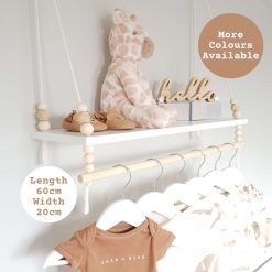 Nursery Shelf with Clothes Rail, White Shelf with Rail, Kid's Shelf, Swing Rope Shelf, Hanging Shelf, Nordic Style Hanging Shelf, Swing Shelf, Baby Clothes Rail, Boho Nursery Decor, Nursery White Shelf, Bedroom Shelf. 60cm White.