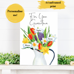Mothers day gift for Gran, Mothers day print, Birthday gift for Gran, Personalised print, Spring flowers watercolour, Unframed print