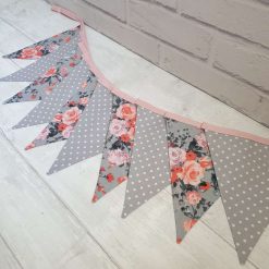 Pink Floral Bunting, Floral and Dot Bunting, Pink Bunting, Floral Garland, Fabric Bunting, Flower Bunting, Party Bunting, 10 flags 2.5m long