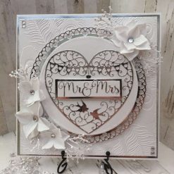 Luxury Handmade Wedding Card - White & Silver with lace heart inlay & Mr & Mrs sentiment, white flowers sprays