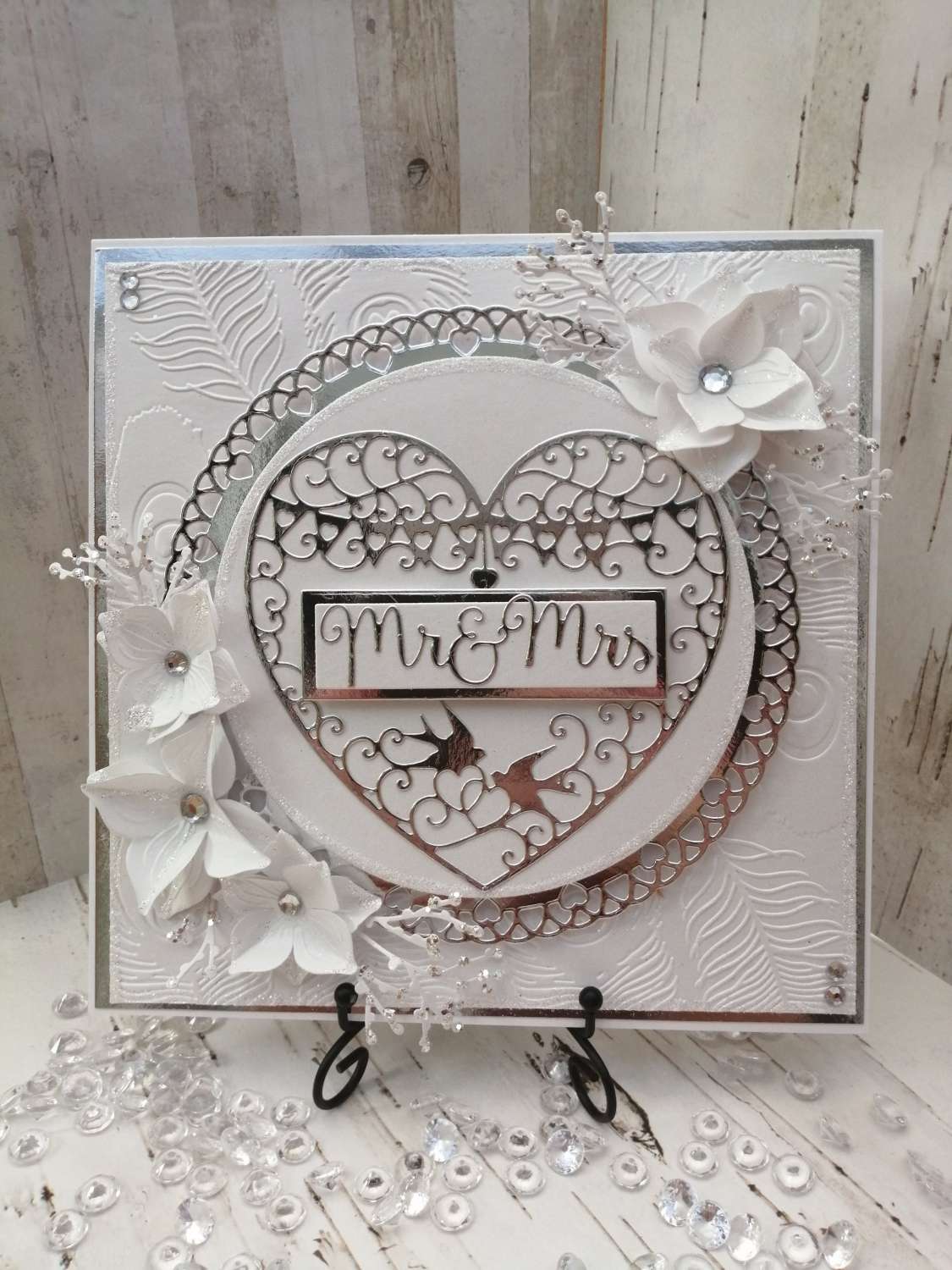 Luxury Handmade Wedding Card - White & Silver with lace heart inlay & Mr & Mrs sentiment, white flowers sprays Luxury Handmade Wedding Card - White & Silver with lace heart inlay & Mr & Mrs sentiment, white flowers sprays