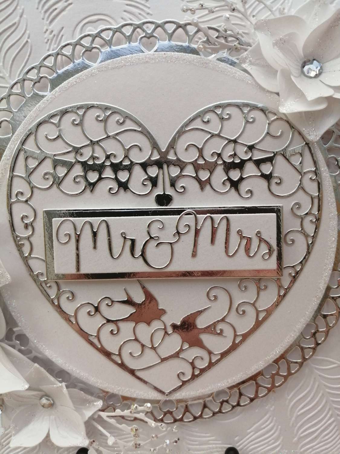 Luxury Handmade Wedding Card - White & Silver with lace heart inlay & Mr & Mrs sentiment, white flowers sprays Luxury Handmade Wedding Card - White & Silver with lace heart inlay & Mr & Mrs sentiment, white flowers sprays